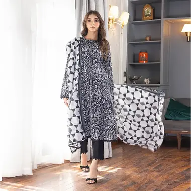 Unstitched Printed Lawn Suit by REGALIA TEXTILE, Black