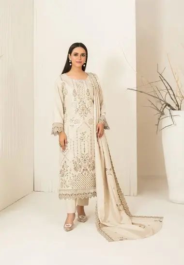 Stitched Embroidered Viscose Jacquard | D-5365 - Maeri by TAWAKKAL, AntiqueWhite