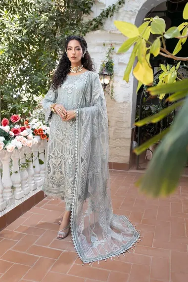 semi stitched embroidered luxury collection with fancy dupatta by dr haris, AliceBlue