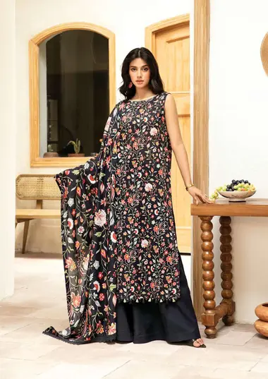 Unstitched Elaheh Printed Lawn Suit | MB-ELHV3-08 by MARIA B, Black