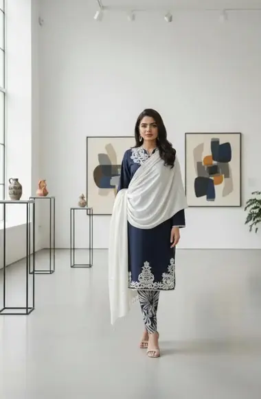 Solid Marina Stitched Shirt And Printed Marina Trouser by NISA  ATTIRE, DarkBlue